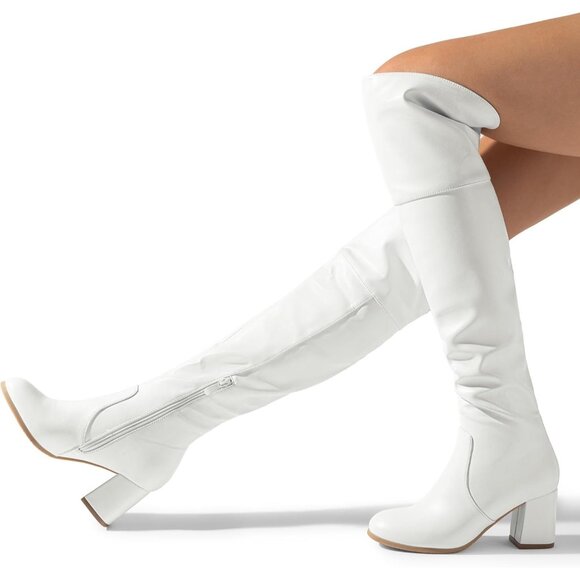 Women's White-pu Faux Suede Thigh High Block Heel Over The Knee Pointed Boots - Picture 5 of 5